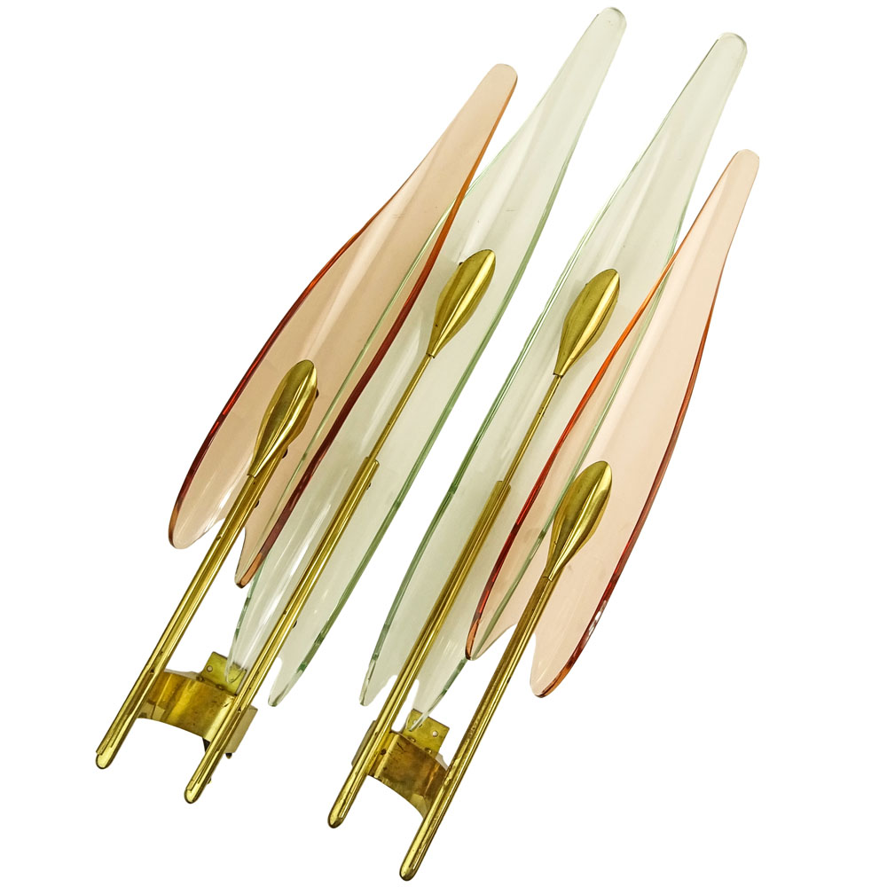 Pair of Fontana Arte Max Ingrand Mid Century Circa 1955's Glass and Brass "Dahlia" Sconces. 