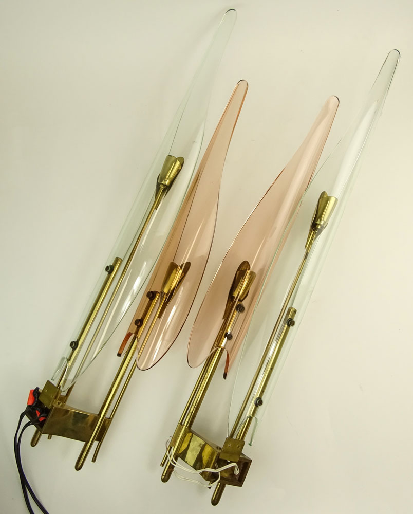 Pair of Fontana Arte Max Ingrand Mid Century Circa 1955's Glass and Brass "Dahlia" Sconces. 