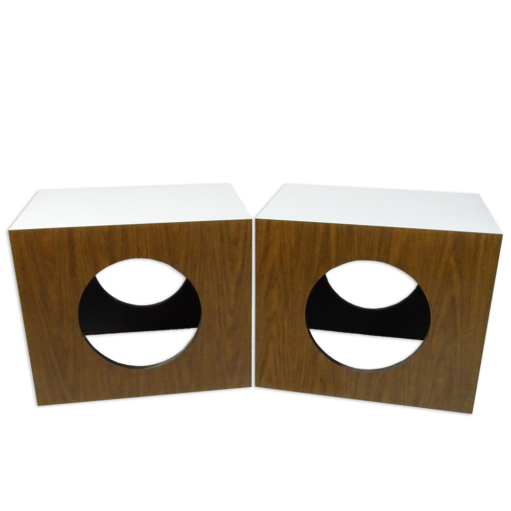 Pair of Mid Century Modern Lane Style Cube Laminate "Circle Cut Out" Side Tables.