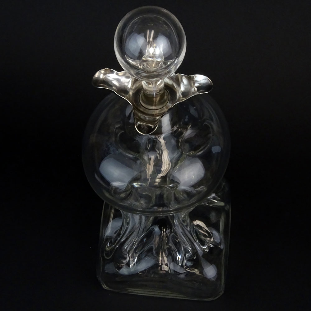 Late 19th Century English Blown Pinched Glass Decanter with Sterling Silver Rim. Polished pontil.