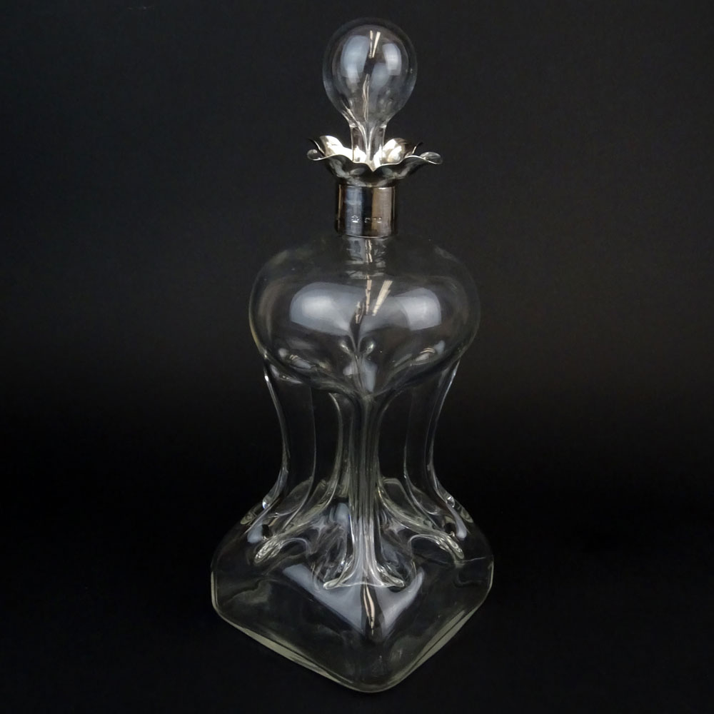 Late 19th Century English Blown Pinched Glass Decanter with Sterling Silver Rim. Polished pontil.