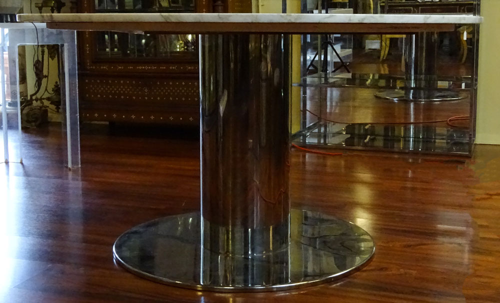 Mid Century Modern Brueton or Brueton style Marble Top Table on Chrome Pedestal Base.