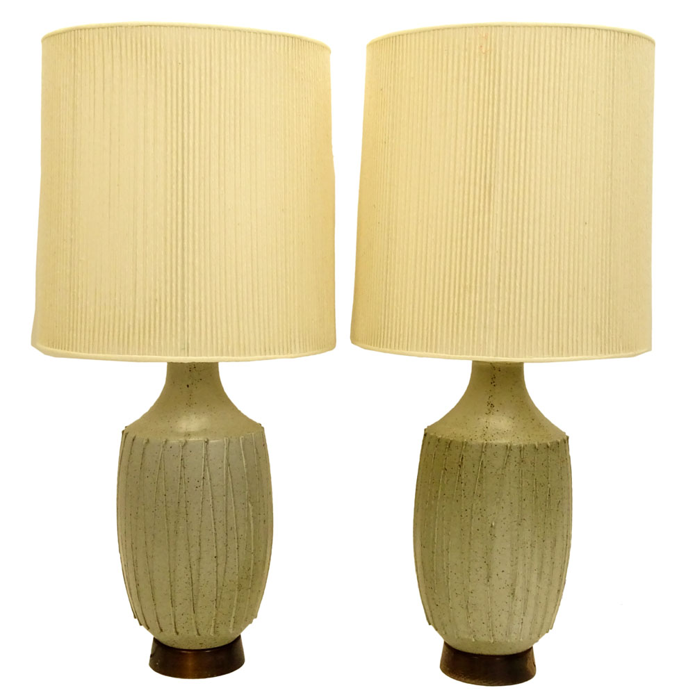 Pair of Mid Century Modern Japanese Style Speckled Glaze Pottery Lamps With Corded Shades.