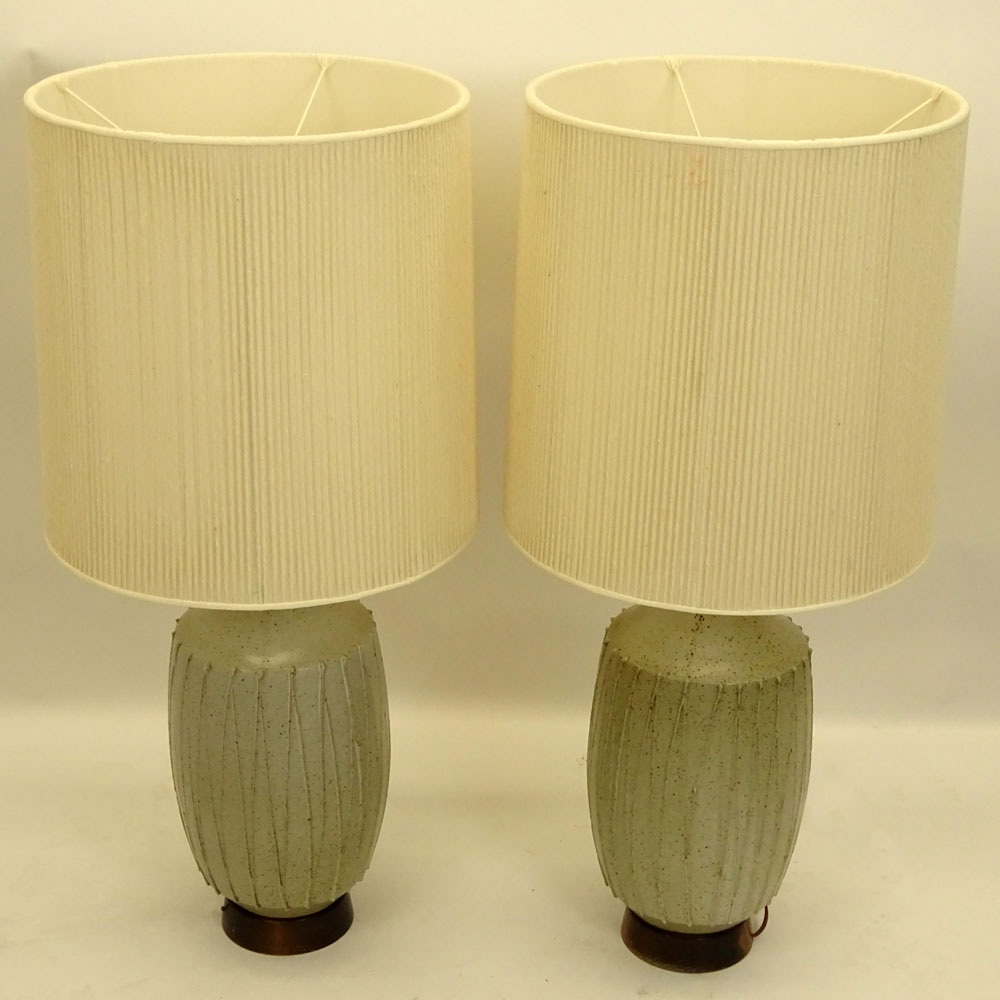 Pair of Mid Century Modern Japanese Style Speckled Glaze Pottery Lamps With Corded Shades.