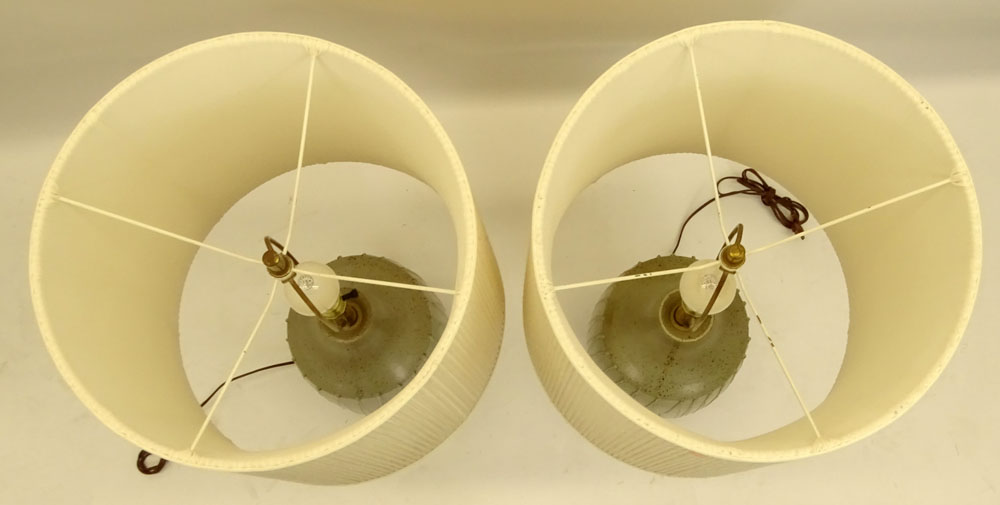 Pair of Mid Century Modern Japanese Style Speckled Glaze Pottery Lamps With Corded Shades.