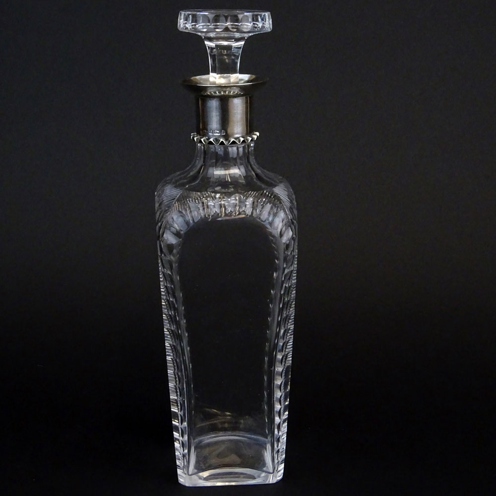 Early 20th Century English Cut Crystal Decanter With Sterling Rim. Cut and polished pontil.