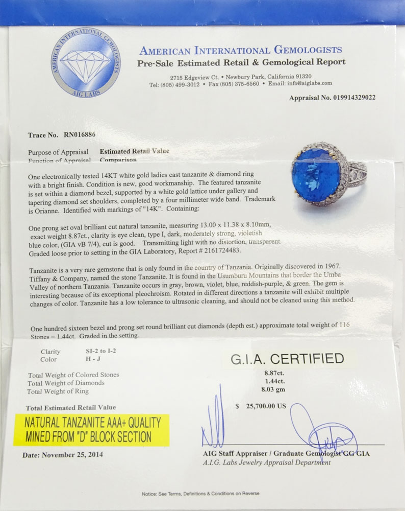 GIA and AIG Certified 8.87 Carat Oval Brilliant Cut Natural Tanzanite,1.44 Carat Round Brilliant Cut and Baguette Diamond and 14 Karat White Gold Ring.