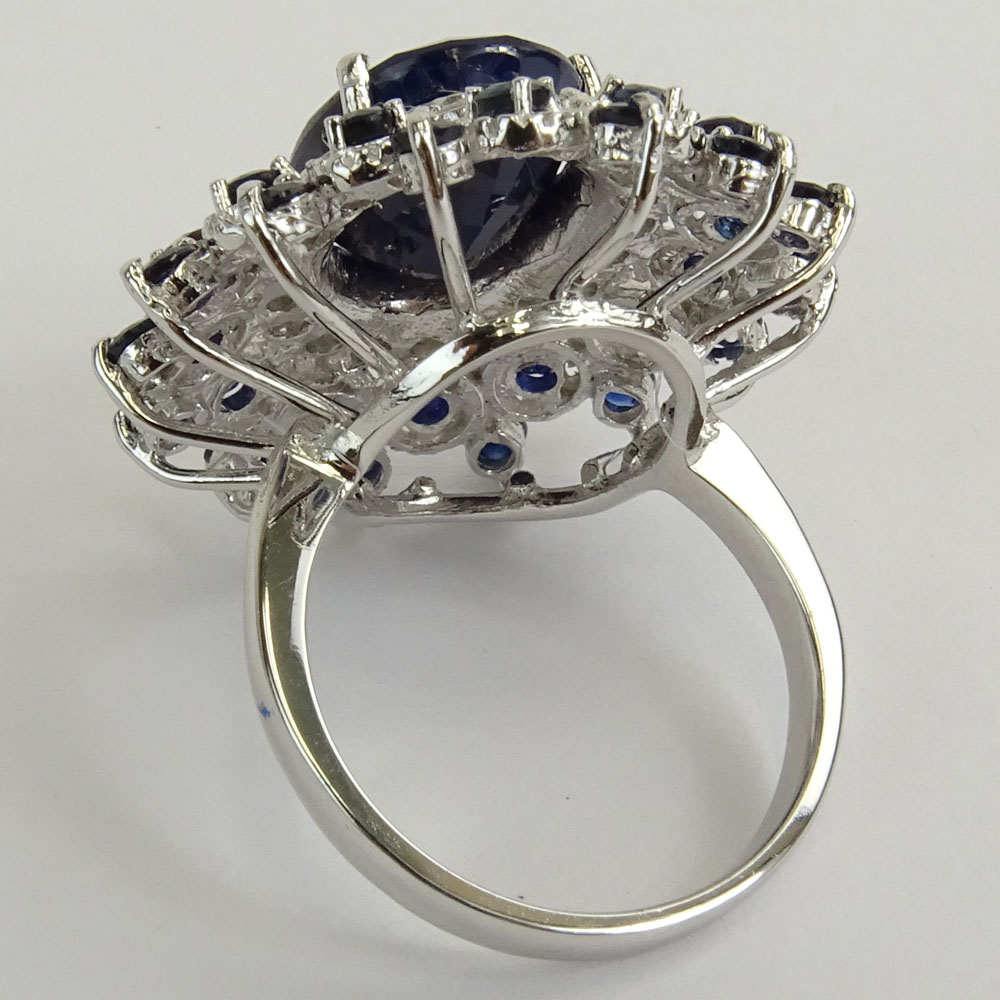 GGA Certified 9.07 Carat Oval and Round Cut Sapphire and 14 Karat White Gold Ring