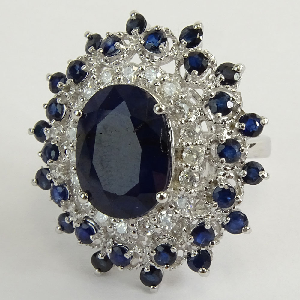 GGA Certified 9.07 Carat Oval and Round Cut Sapphire and 14 Karat White Gold Ring