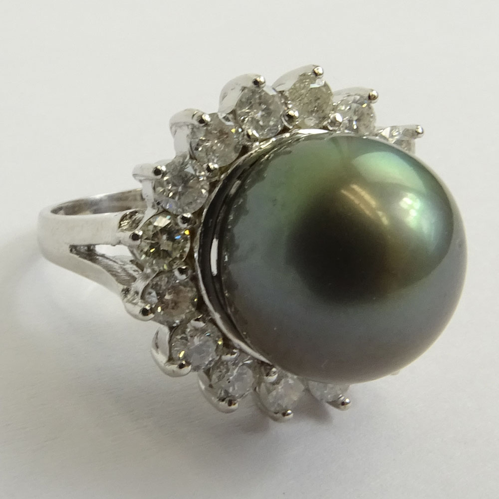 AIG Certified 13.0mm Tahitian Black Pearl and 14 Karat White Gold Ring