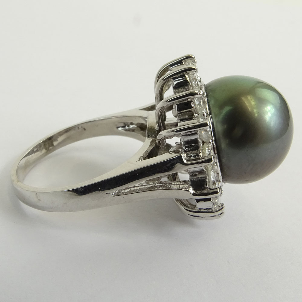 AIG Certified 13.0mm Tahitian Black Pearl and 14 Karat White Gold Ring