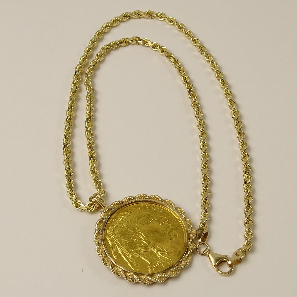 24 Karat Yellow Gold Buffalo Gold Coin Pendant in Gold Bezel and with 14 Karat Yellow Gold Rope Chain.