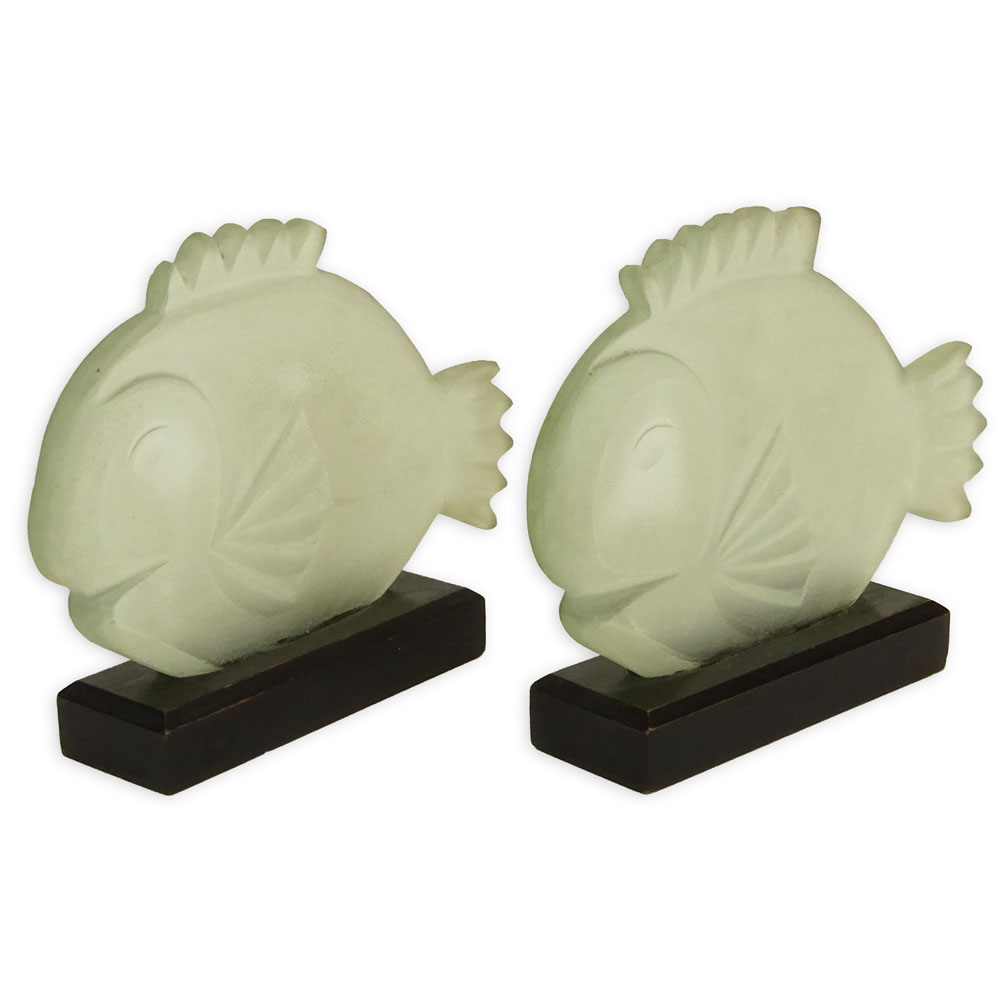 Pair Art Deco Frosted Crystal Fish Figurines in Stands.