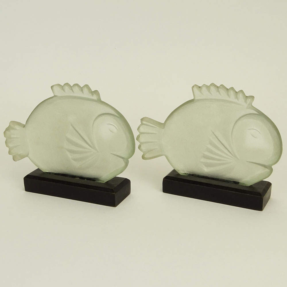 Pair Art Deco Frosted Crystal Fish Figurines in Stands.