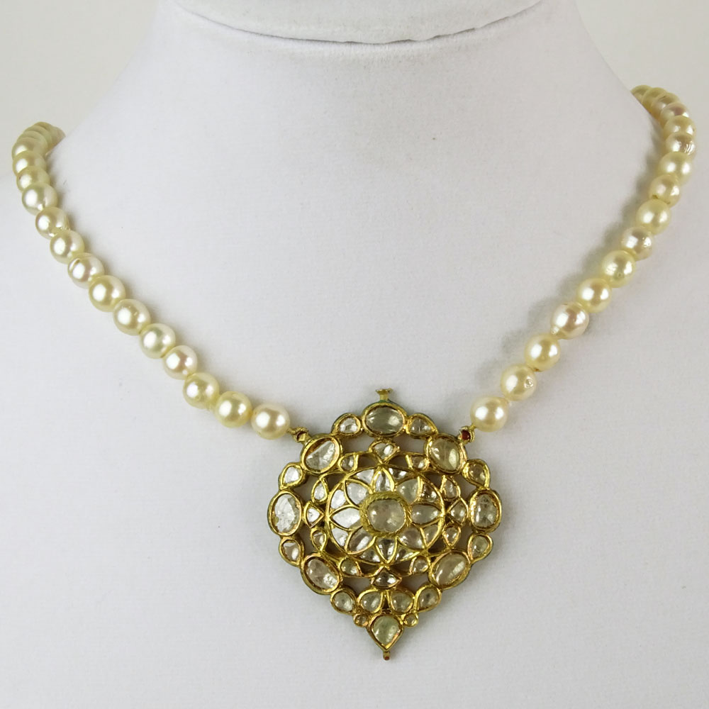Mughal style Pearl Necklace with Rose Cut Diamond and 22 Karat Yellow Gold Pendant.