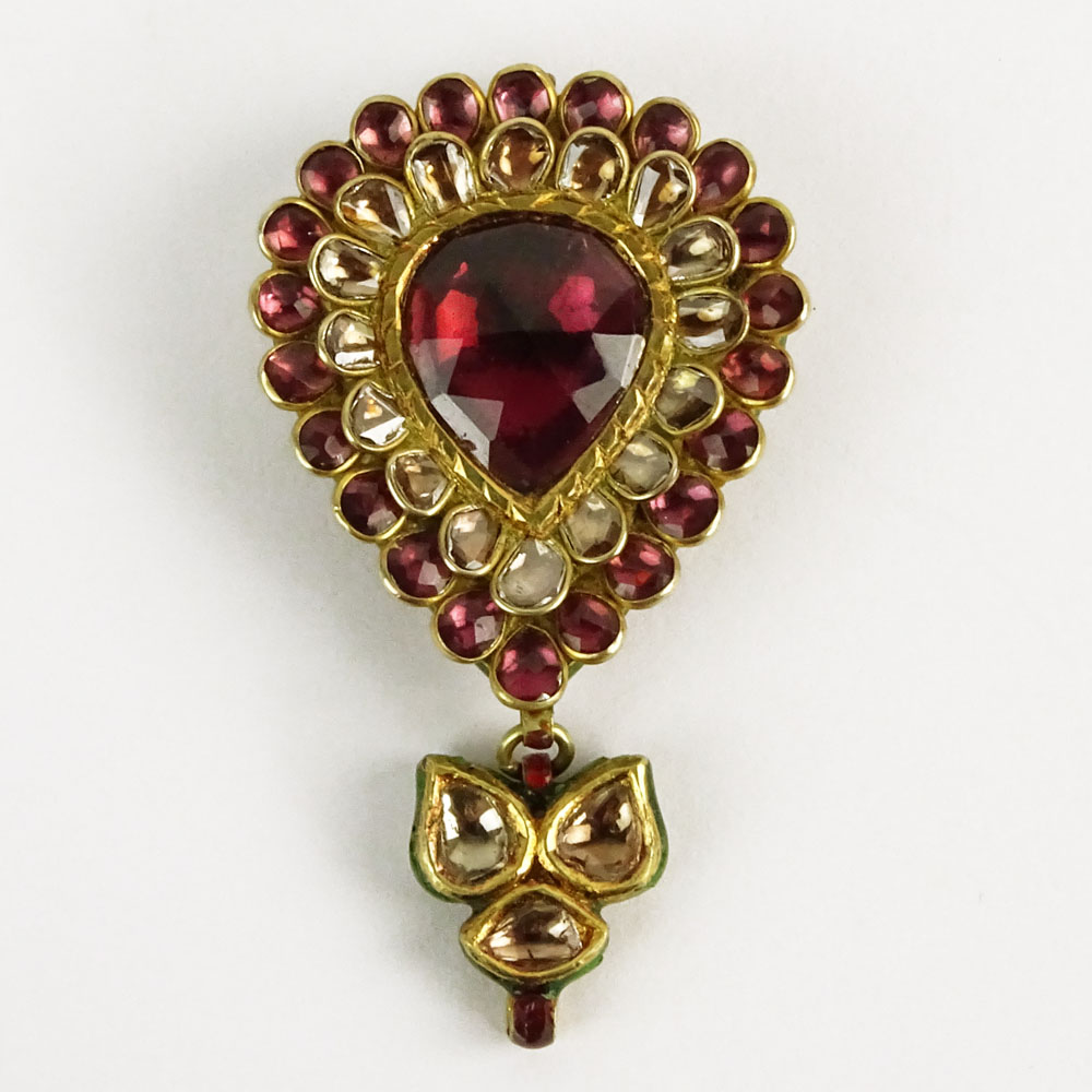 Mughal style Tourmaline, Rose Cut Diamond and 23 Karat Yellow Gold Pendant with Enamel to verso. 