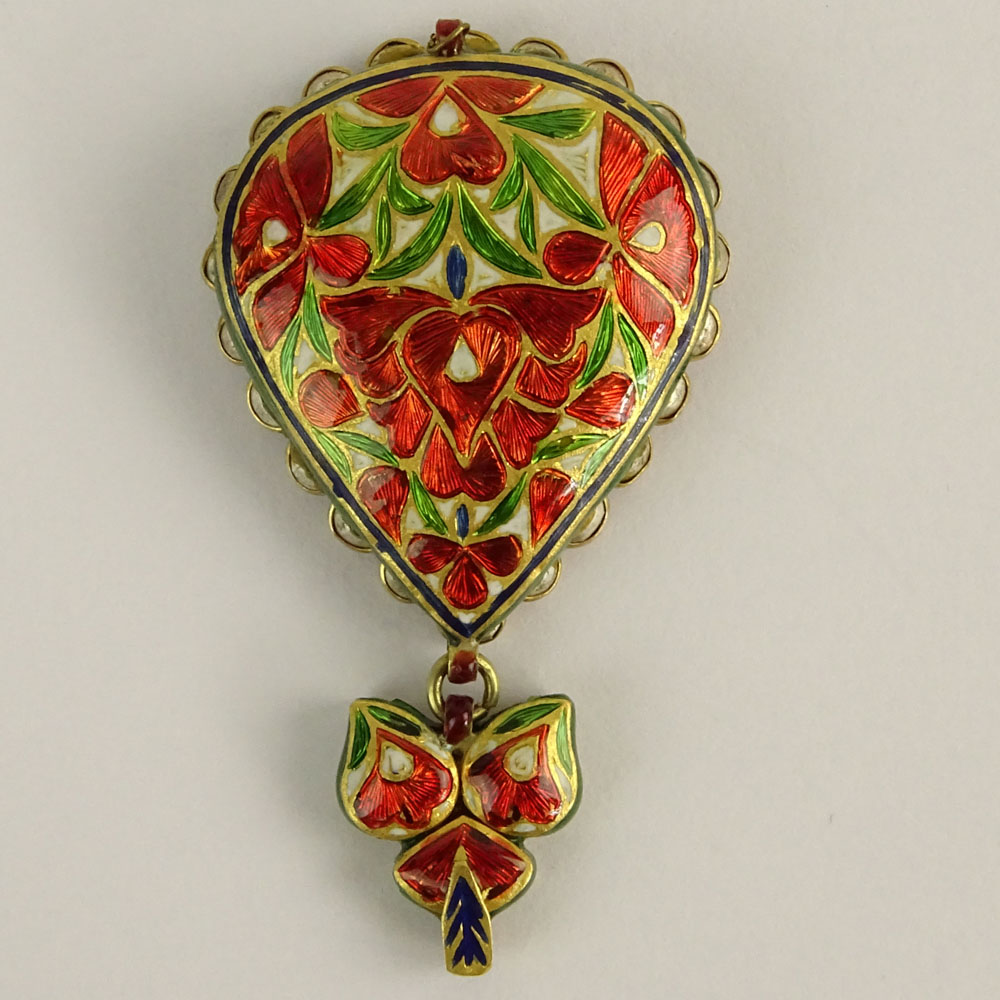 Mughal style Tourmaline, Rose Cut Diamond and 23 Karat Yellow Gold Pendant with Enamel to verso. 