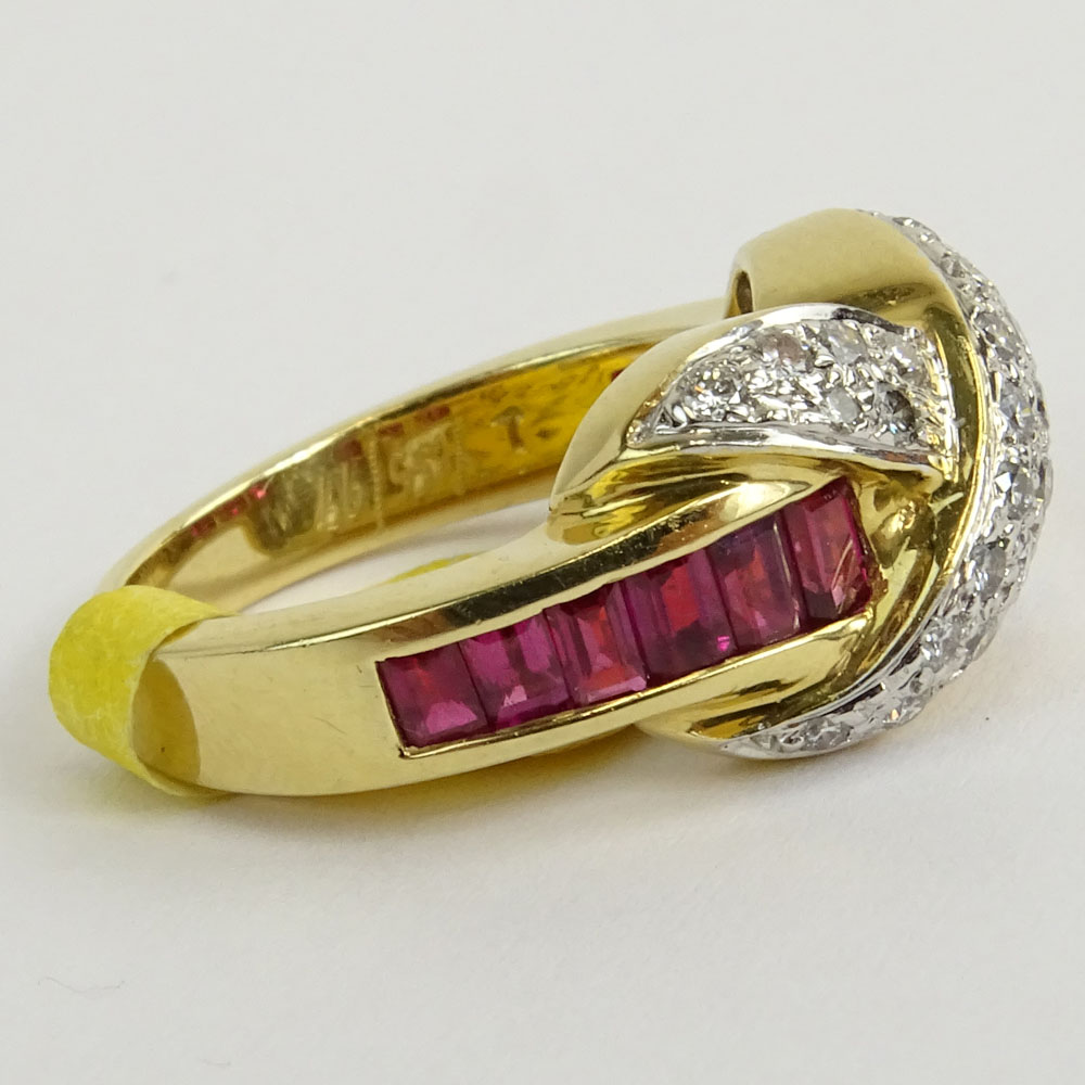 Vintage Approx. 1.66 Carat Ruby, .63 Carat Round Brilliant Cut Diamond and 14 Karat Yellow Gold Cross Over Ring