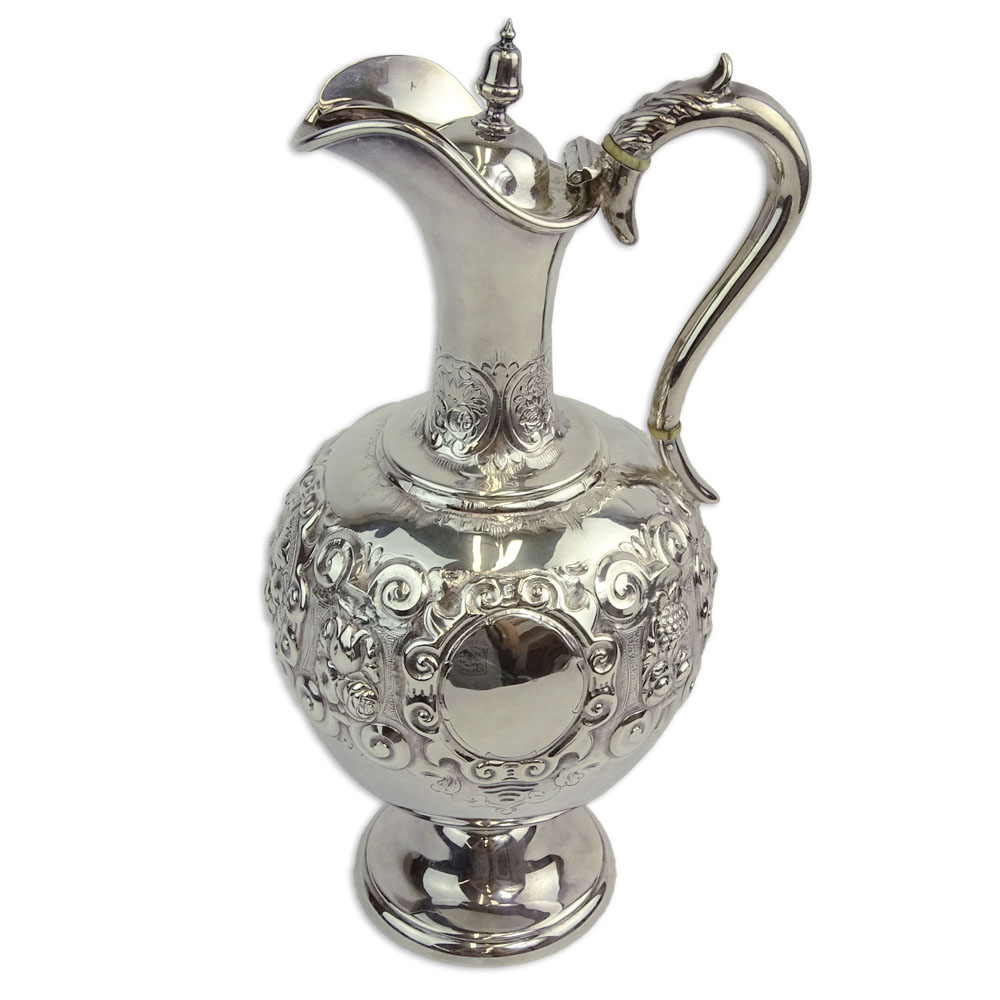 Mid 19th Century English Silver Ewer. Fruit and foliate motif.