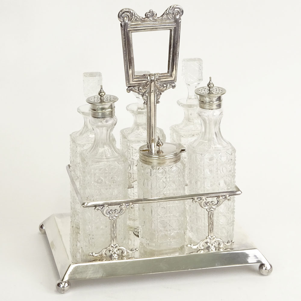 Antique English Silver Plate and Cut Crystal Seven (7) Piece Cruet Set.