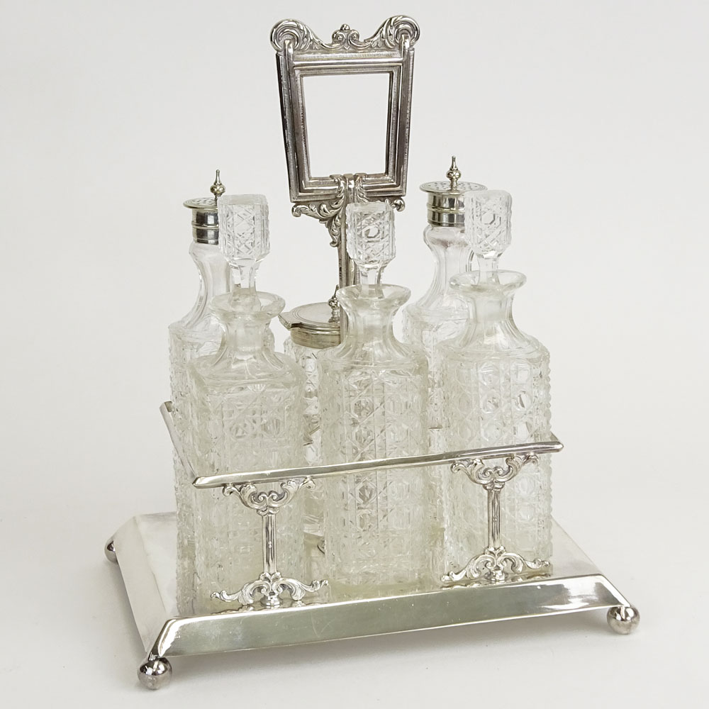 Antique English Silver Plate and Cut Crystal Seven (7) Piece Cruet Set.