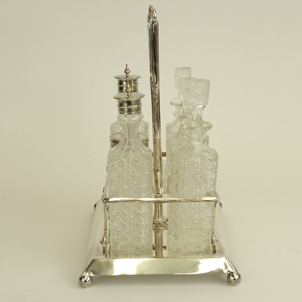 Antique English Silver Plate and Cut Crystal Seven (7) Piece Cruet Set.