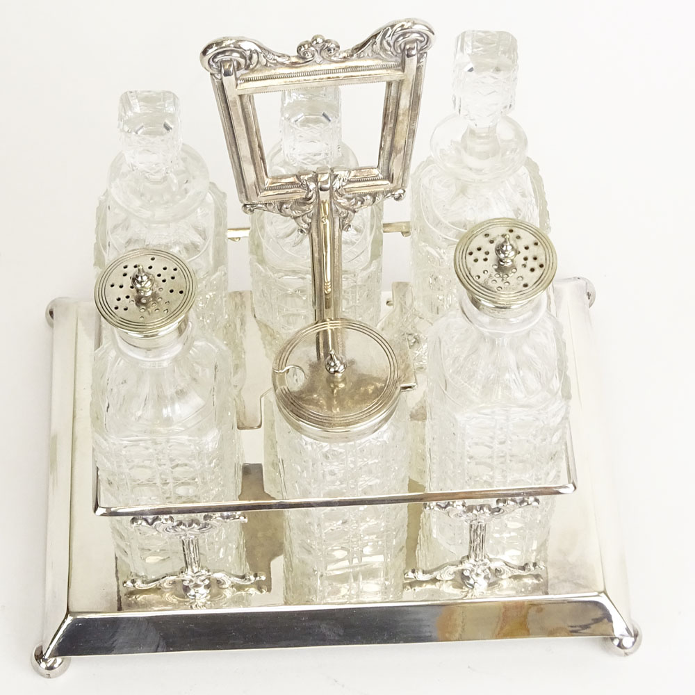 Antique English Silver Plate and Cut Crystal Seven (7) Piece Cruet Set.