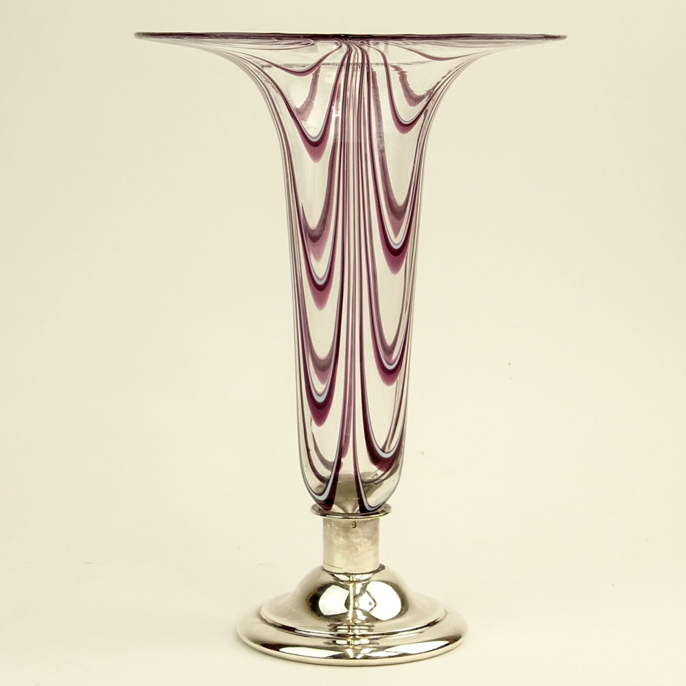 Modern Art Glass Vase With Silver Plate Base.