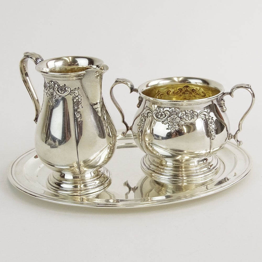 International Sterling Silver 3 Piece Creamer and Pitcher Set With Tray.