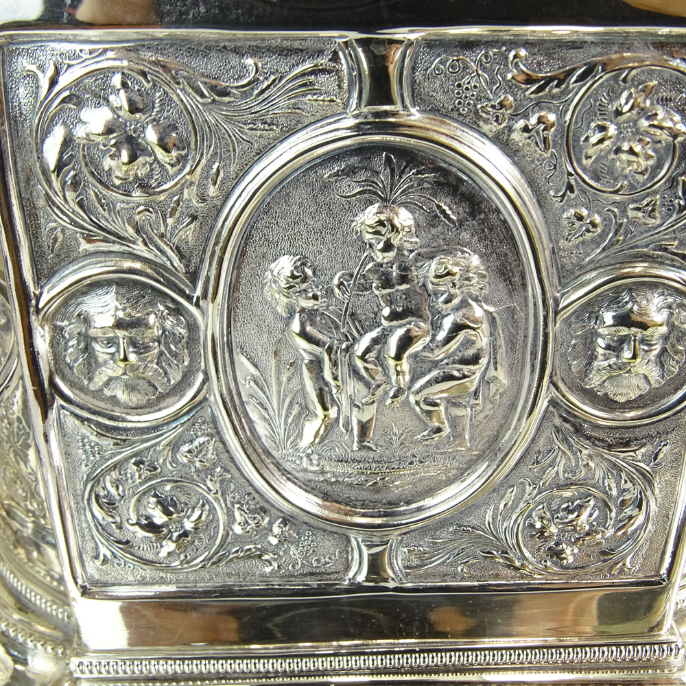 Fine Antique English Silverplate and Crystal Seven (7) Piece Decanter Set with Biscuit Box.