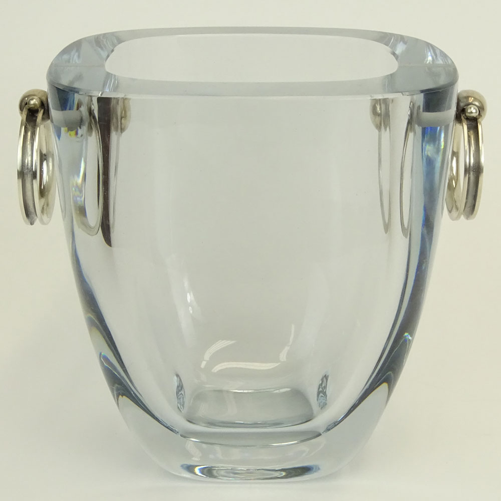 Mid Century Stromberg Shyttan Heavy Ice Blue Crystal Ice Bucket with Silver Ring Handles.