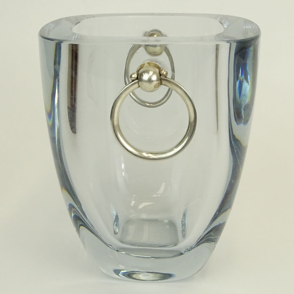 Mid Century Stromberg Shyttan Heavy Ice Blue Crystal Ice Bucket with Silver Ring Handles.