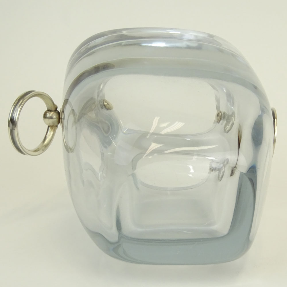 Mid Century Stromberg Shyttan Heavy Ice Blue Crystal Ice Bucket with Silver Ring Handles.