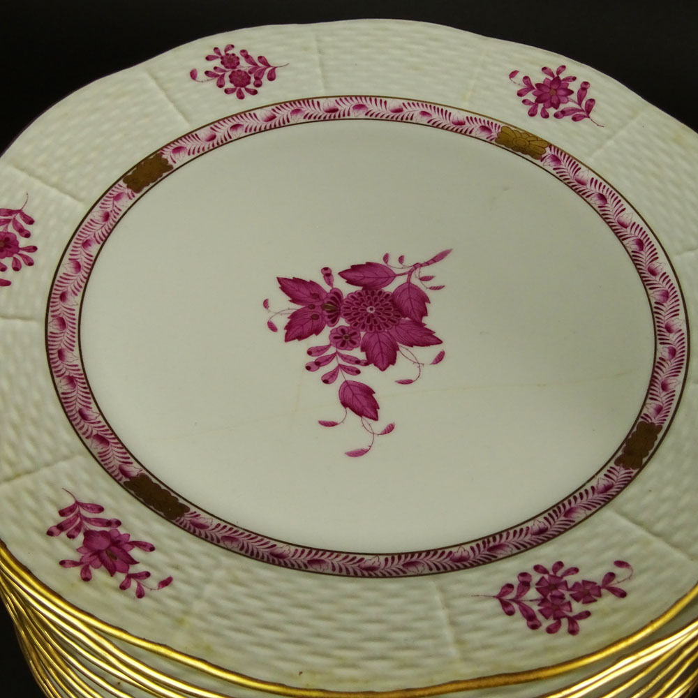 Twelve (12) Herend Chinese Bouquet Raspberry Dinner Plates.