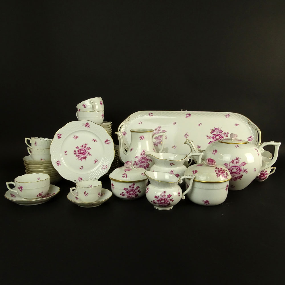 Sixty-Six (66) Piece Herend Nanking Bouquet Pink Partial Dessert Set.