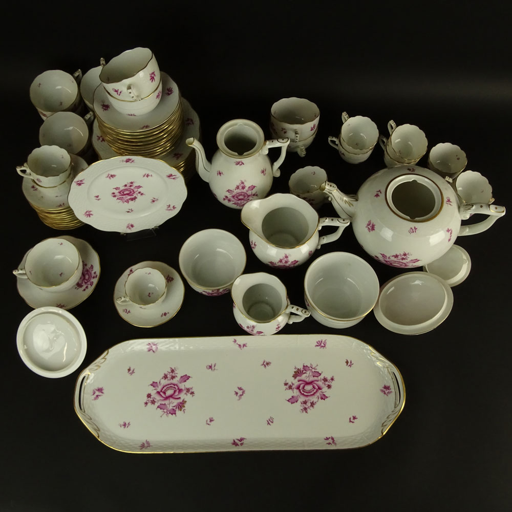 Sixty-Six (66) Piece Herend Nanking Bouquet Pink Partial Dessert Set.