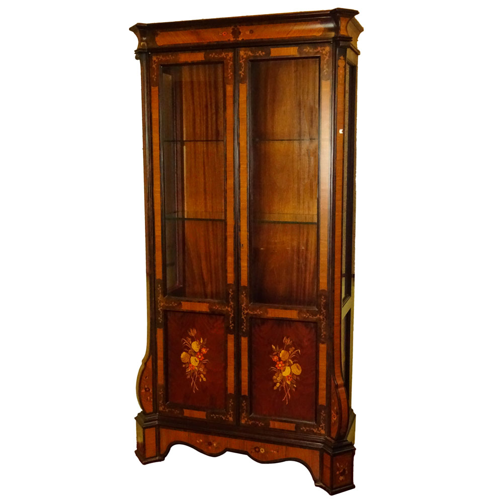 Mid Century Italian Marquetry Inlaid Vitrine. Bronze mounting, Satinwood, Burl Walnut and Mahogany. 