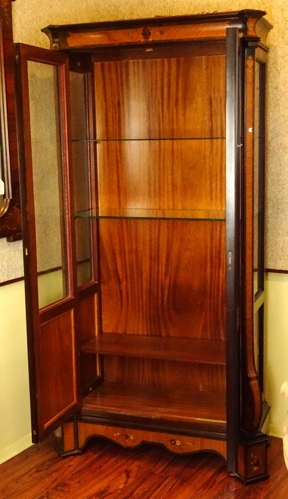 Mid Century Italian Marquetry Inlaid Vitrine. Bronze mounting, Satinwood, Burl Walnut and Mahogany. 