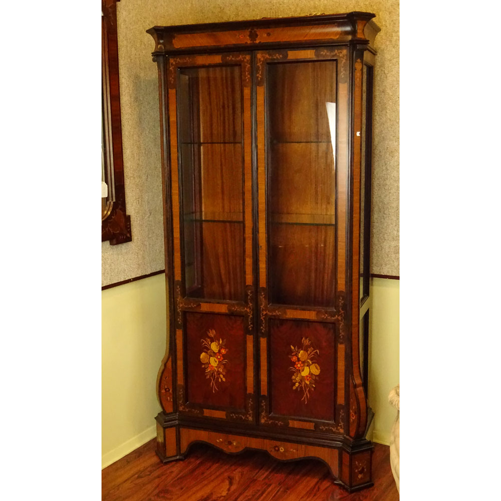 Mid Century Italian Marquetry Inlaid Vitrine. Bronze mounting, Satinwood, Burl Walnut and Mahogany. 