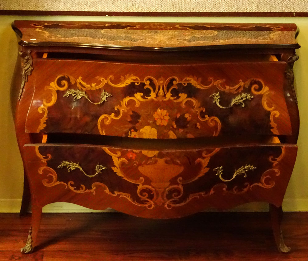 Mid Century Italian Marquetry Inlaid Chest of Drawers. Bronze mounted, Satinwood, Burl Walnut and Mahogany.