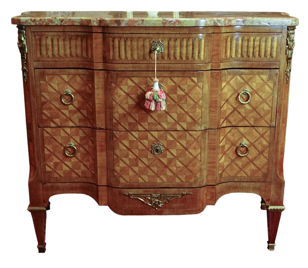 20th C French Louis XVI Style Bronze Mounted Inlaid Commode with Breche D'Alep Marble Top.