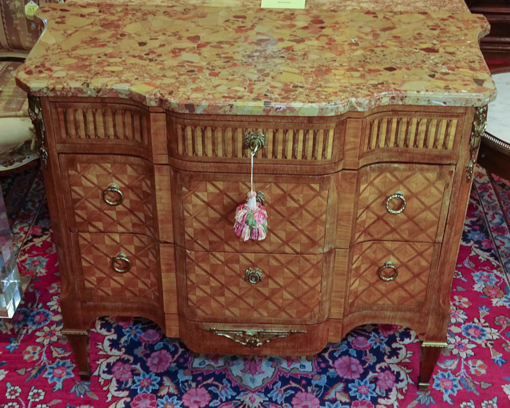 20th C French Louis XVI Style Bronze Mounted Inlaid Commode with Breche D'Alep Marble Top.