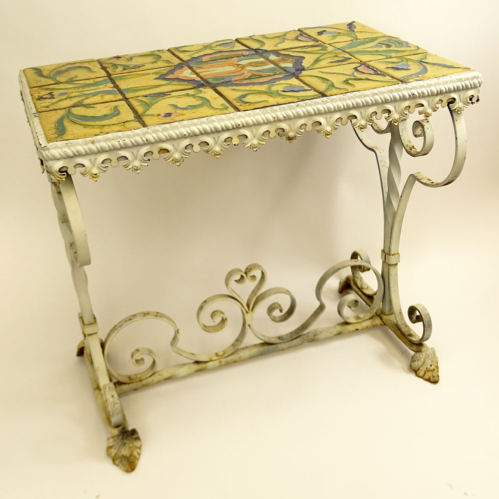 Harvey Yellin Wrought Iron Table Inlaid With Pottery Tiles, Possibly Rookwood. 