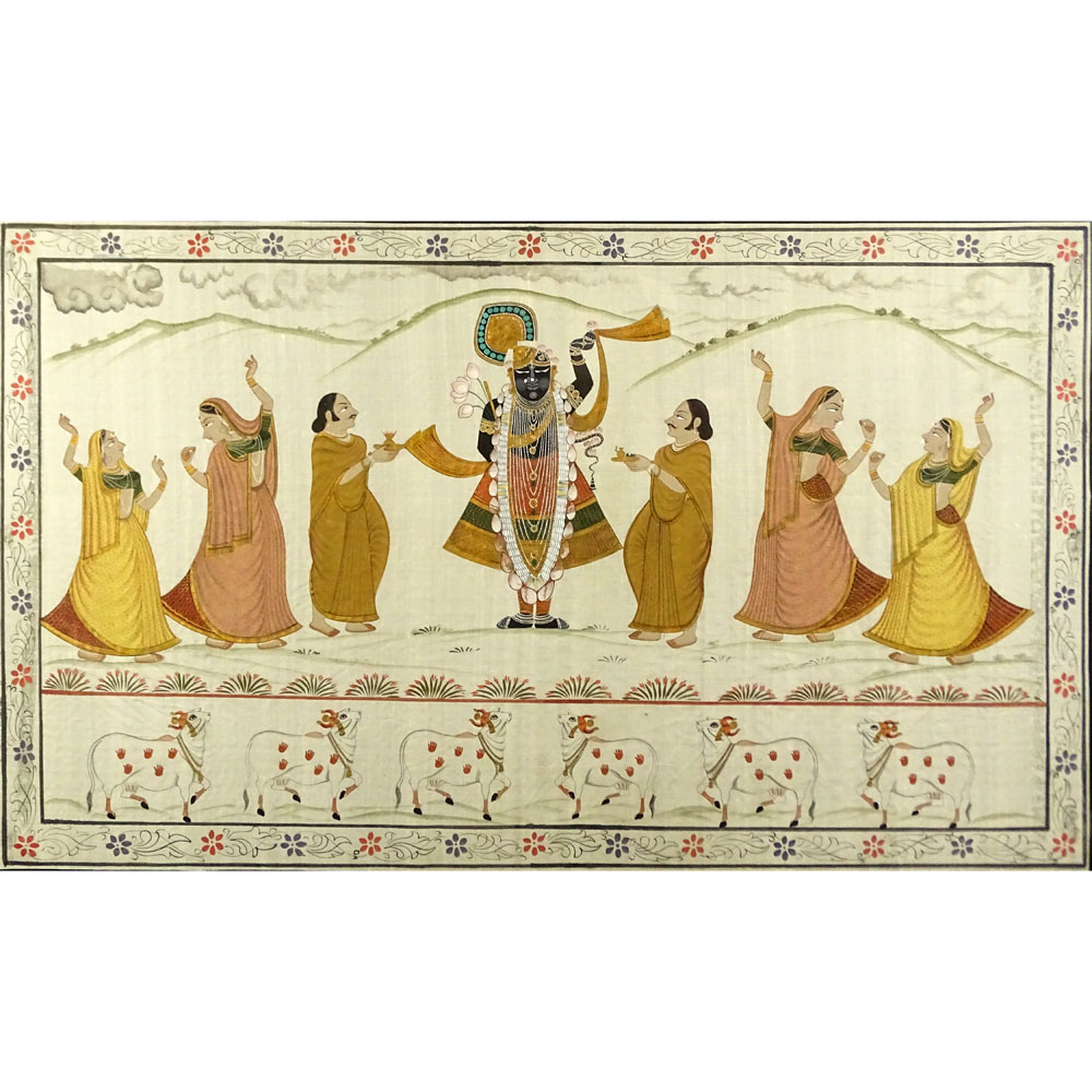 Vintage Indian Painting on Linen "Dancing Figures and Bulls" 