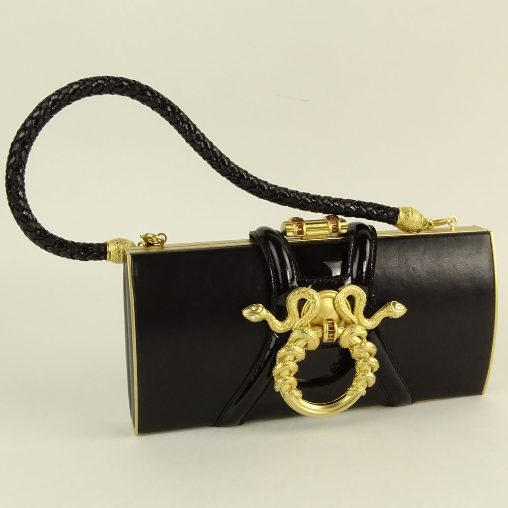 Rachel Zoe Design For Judith Leiber Black Leather Medusa Evening Bag.