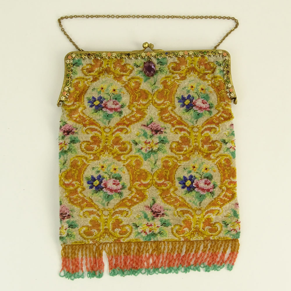 Edwardian Beaded Bag on Enameled Gilt Frame.