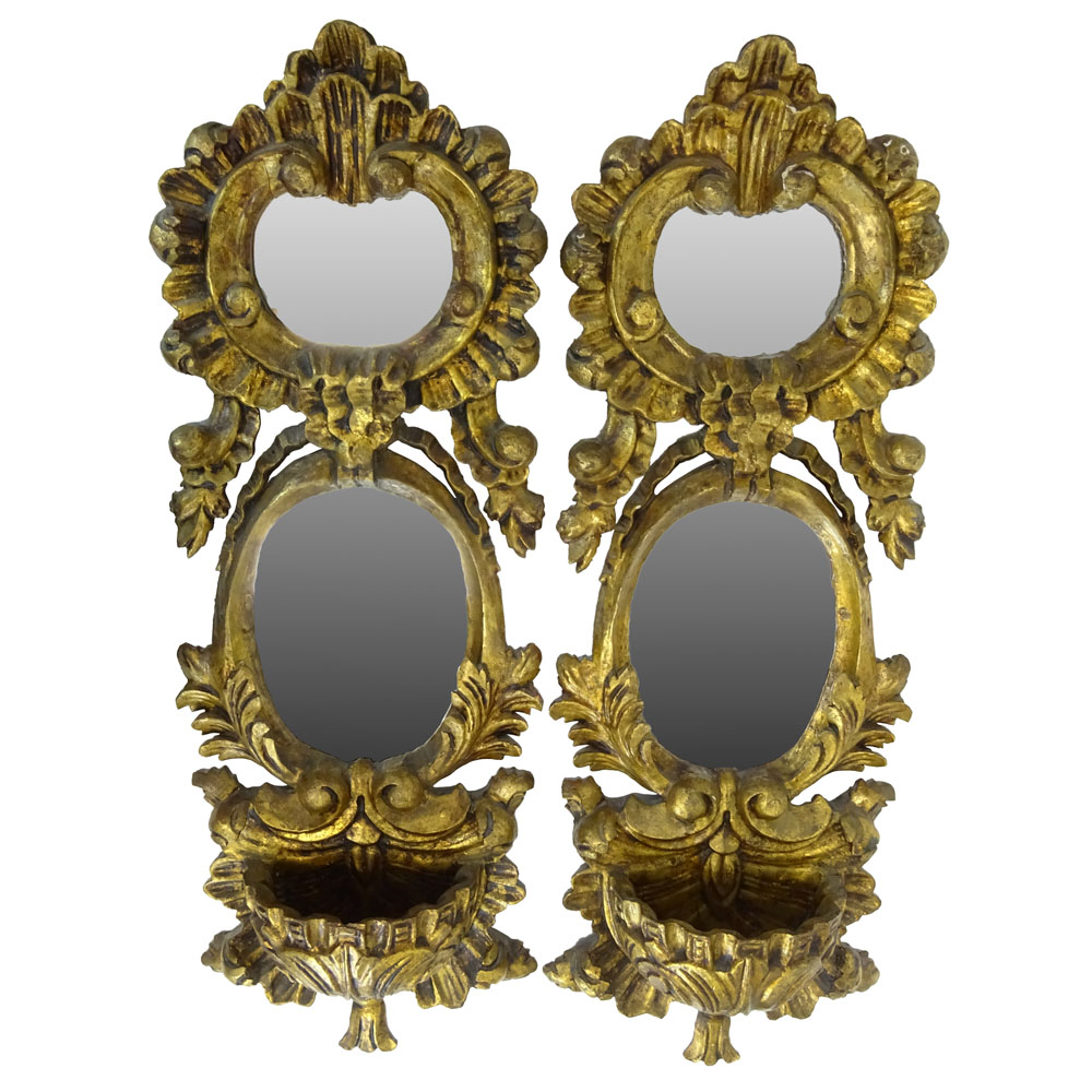 Pair of Vintage Carved Gilt Wood Decorative Mirror Wall Pockets/Planters.