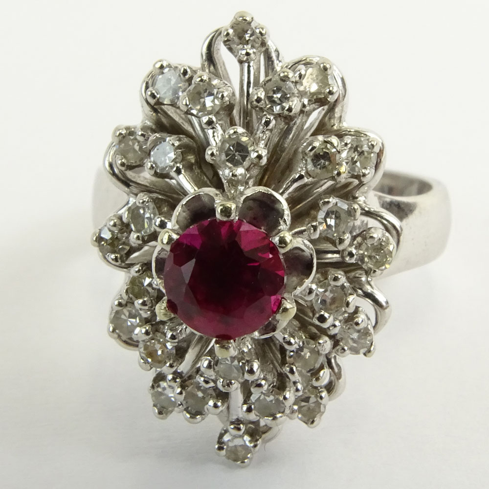 Vintage Round Cut Ruby, Round Cut Diamond and 18 Karat White Gold Ring. 