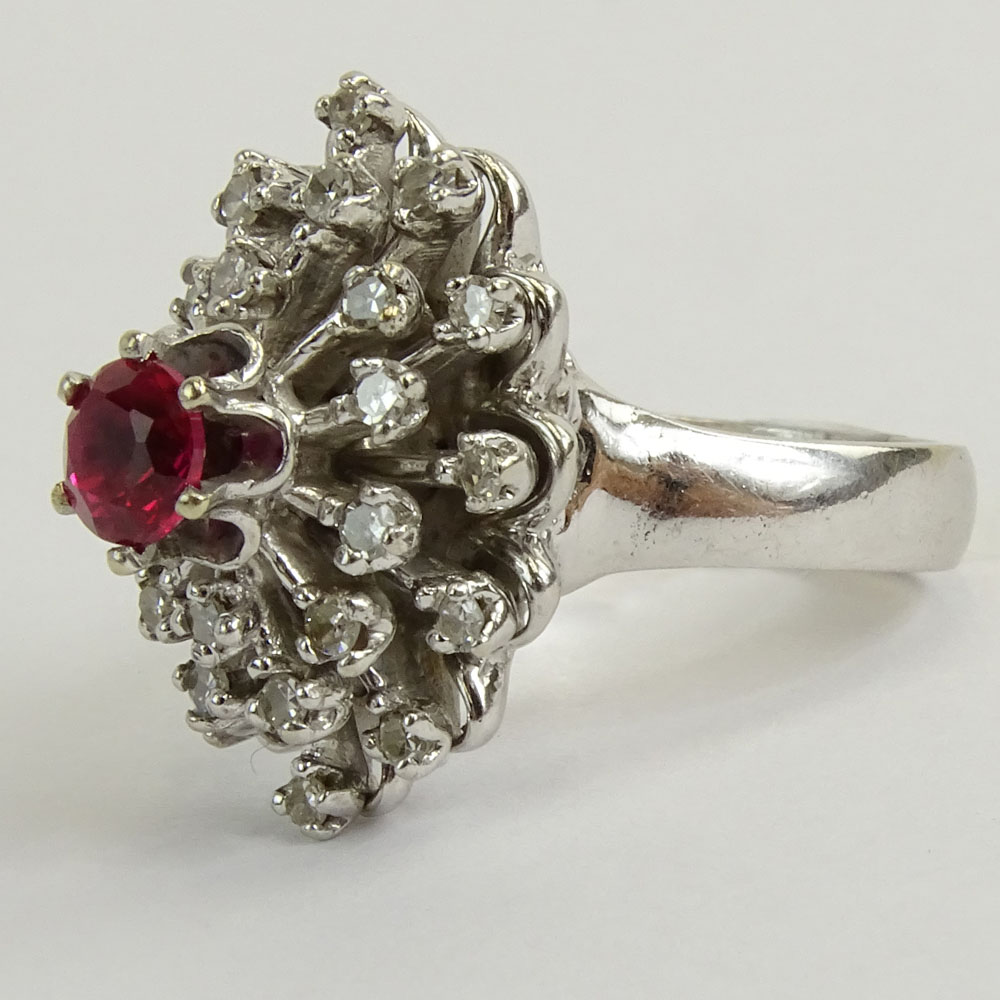 Vintage Round Cut Ruby, Round Cut Diamond and 18 Karat White Gold Ring. 