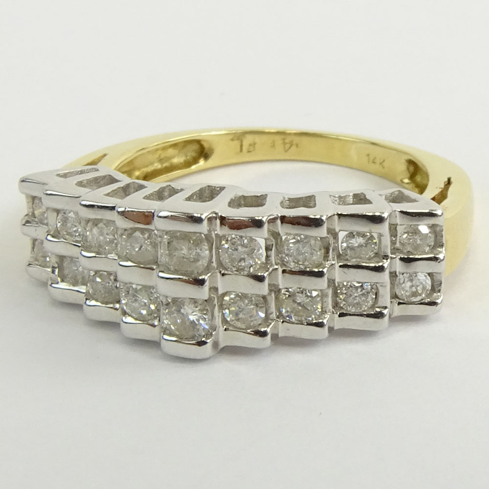 Vintage 14 Karat Yellow Gold and Diamond Two Row Ring.